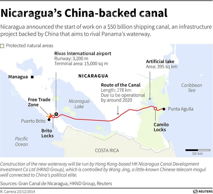 Map Nicaragua's Great Inter-Oceanic Canal, planned to compete with the Panama Canal, would cut across Nicaragua from Puerto Brito on the Pacific coast to Punta Aguila on the Atlantic coast. The route would run through Lake Nicaragua, south of Ometepe Island.